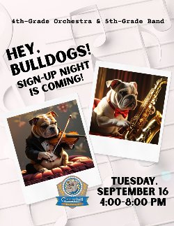 flyer about sign-up night with bulldogs playing a violin and saxophone
